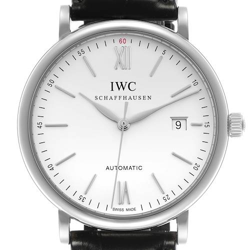 The IWC Portofino watch is shown from a straight-on angle, highlighting the dial, hands, crown, and leather strap attachment.