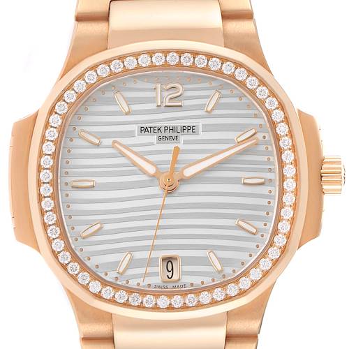 This image shows a front view of a Patek Philippe Nautilus watch, highlighting its dial, bezel, crown, and part of the bracelet.