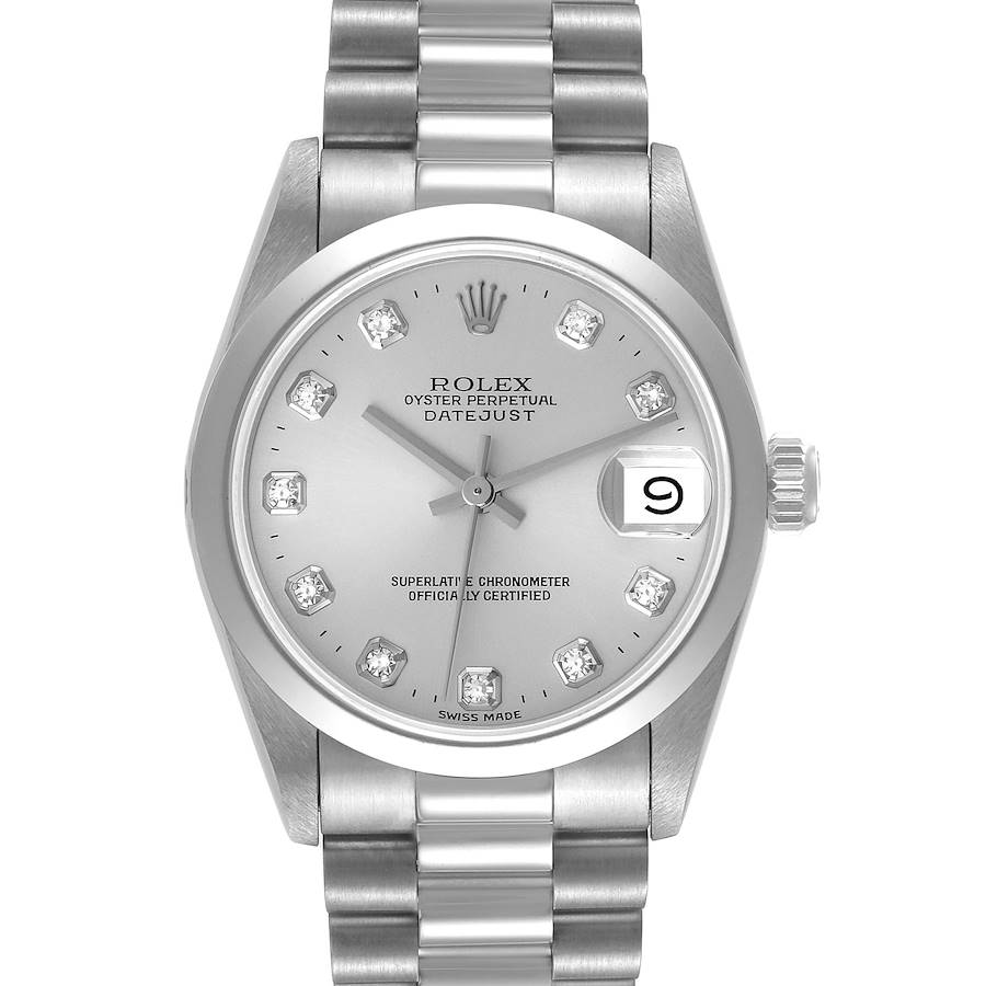 This is a front view of a Rolex President model Datejust watch, showing the dial, bezel, crown, and bracelet.