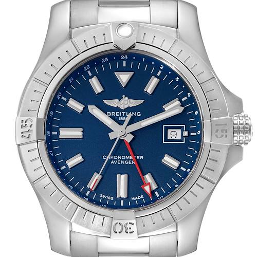 This image shows a close-up of the face and bezel of a Breitling Avenger watch, featuring a blue dial and date display.