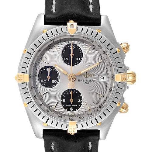 This image shows a front view of a Breitling Chronomat watch, highlighting its face, bezel, subdials, and a portion of its leather strap.