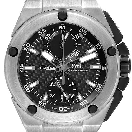 The image shows a front view of the IWC Ingenieur watch, highlighting its dial and bezel.