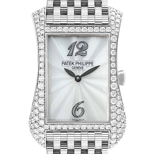 This is a front view of a Patek Philippe Gondolo watch, showcasing its face and partial bracelet adorned with diamonds.