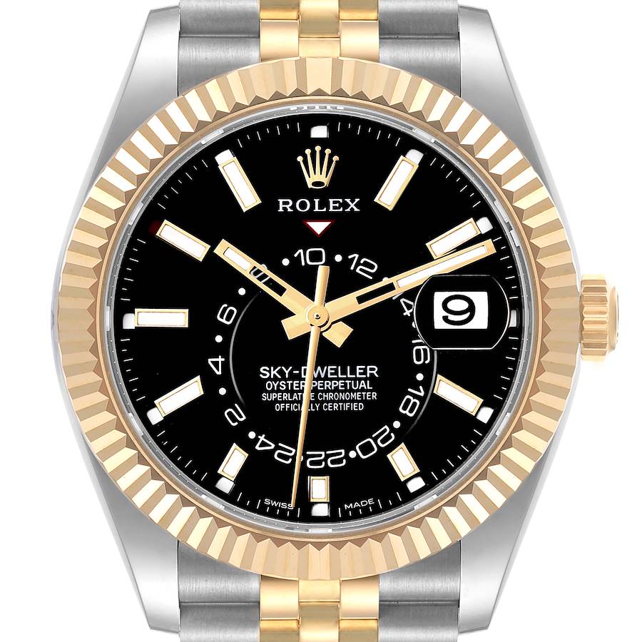 This image shows a front view of the Rolex Sky-Dweller watch, highlighting the dial, bezel, and bracelet.