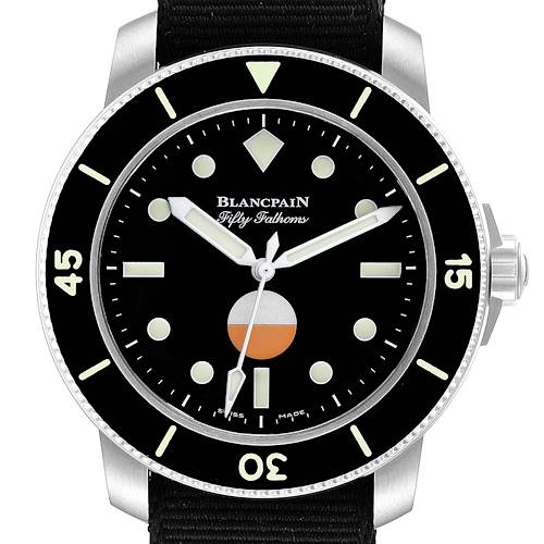 The Blancpain Fifty Fathoms watch is shown from a front angle, highlighting its dial, bezel, and crown.