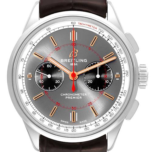 The image shows a front view of the Breitling Premier watch featuring a grey dial, chronograph sub-dials, and a tachymeter scale.