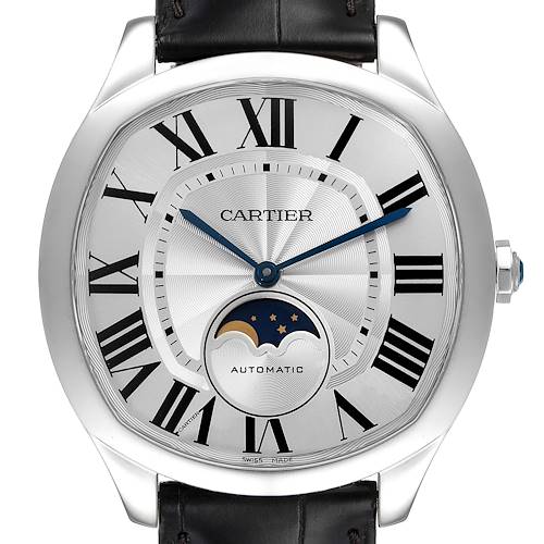 The image shows a frontal view of the Drive de Cartier watch by Cartier, highlighting its dial, hands, and moon phase indicator.
