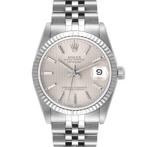 This image shows a front view of a Rolex Mid-Size Oyster Perpetual Datejust watch, highlighting the dial, bezel, and bracelet.
