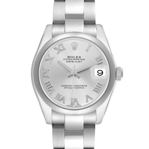 The image shows a front view of a Rolex Mid-Size Datejust watch, highlighting the dial, Roman numerals, and date feature.