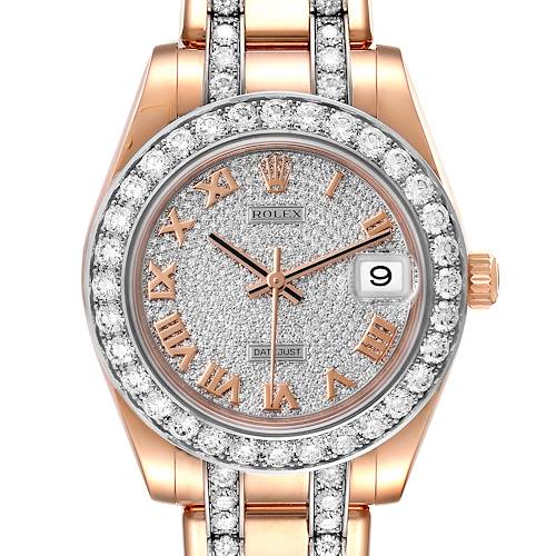 The Rolex Pearlmaster watch is shown from a frontal angle, displaying the dial, bezel, crown, and part of the bracelet.