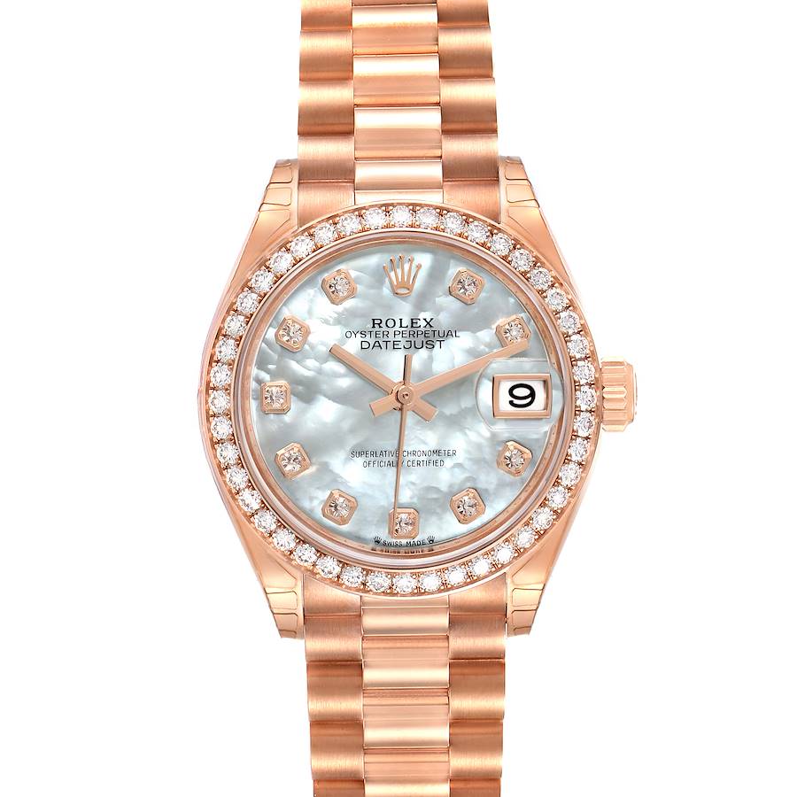 The Rolex President model watch is shown from a front angle, displaying its face, bezel, and bracelet.