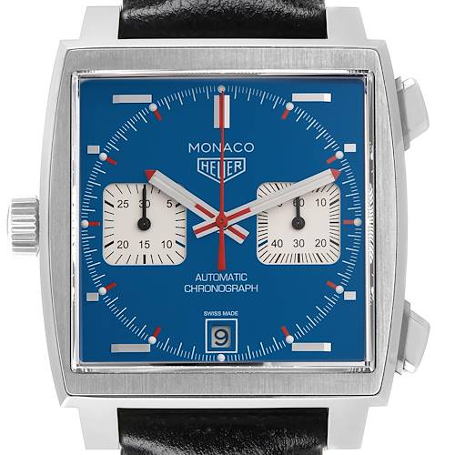This Tag Heuer Monaco watch is shown from the front, displaying its square blue dial, subdials, and black leather strap.