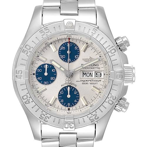 The image shows a front view of a Breitling Superocean watch, highlighting its bezel, dial, chronograph subdials, and metal bracelet.