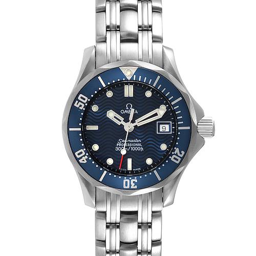 The image shows a frontal view of the Omega Seamaster Diver 300M 28mm Steel Ladies Watch 2583.80.00, highlighting the watch face, bezel, and bracelet.