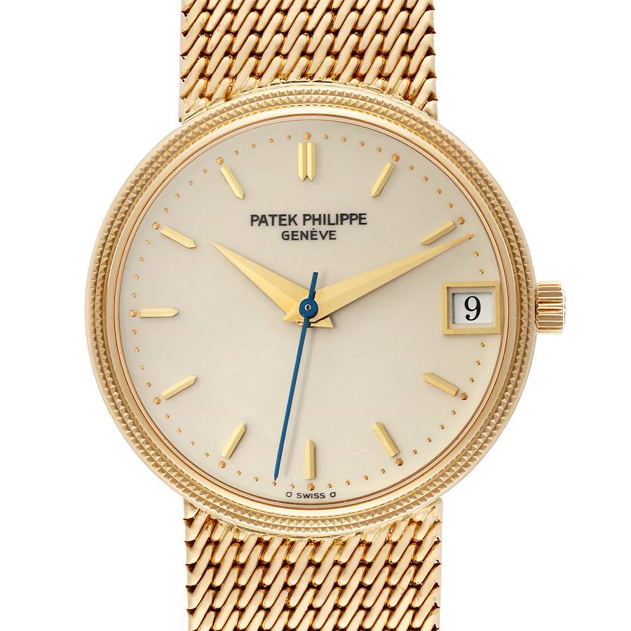 The image shows a front view of the Patek Philippe Calatrava watch, highlighting its face, hands, date window, and part of the bracelet.