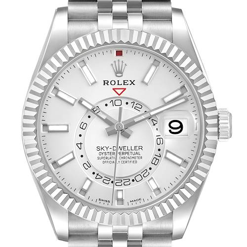 The image shows a front view of the Rolex Sky-Dweller watch, displaying its face, bezel, and part of the bracelet.