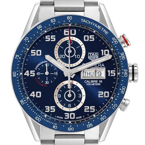 The image shows the front view of a Tag Heuer Carrera watch with its dial, bezel, and chronograph sub-dials clearly visible.