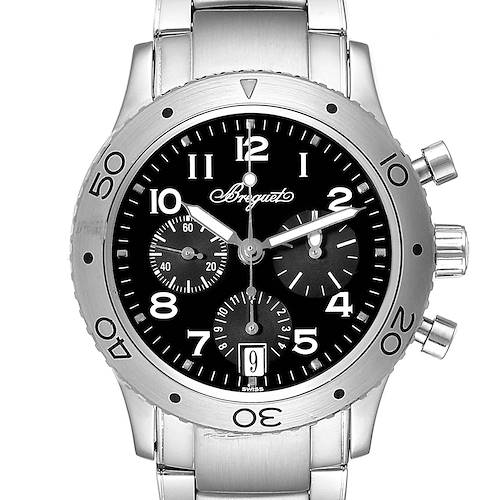 This image shows a front view of the Breguet Type XX - XXI - XXII watch, highlighting its black dial, chronograph subdials, and stainless steel bracelet.