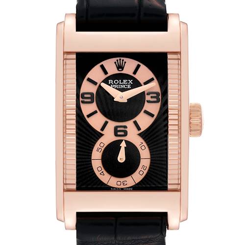The image shows a front view of a Rolex Cellini Prince watch, displaying its rectangular face and black leather strap.