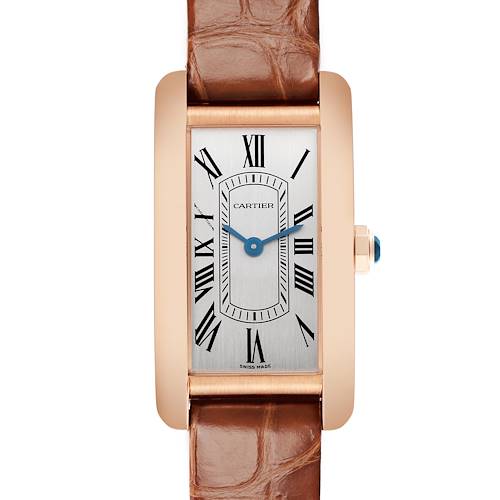 The Cartier Tank Americaine watch is shown from the front, displaying its rectangular face, Roman numerals, hands, and leather strap.