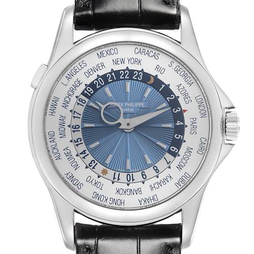 The Patek Philippe Complications watch is shown from the front, displaying its dial and world time feature.