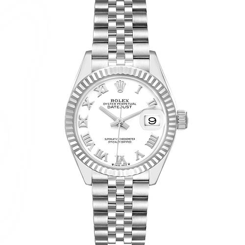 The Rolex Datejust is shown from a frontal angle, displaying the face, dial, fluted bezel, and bracelet.