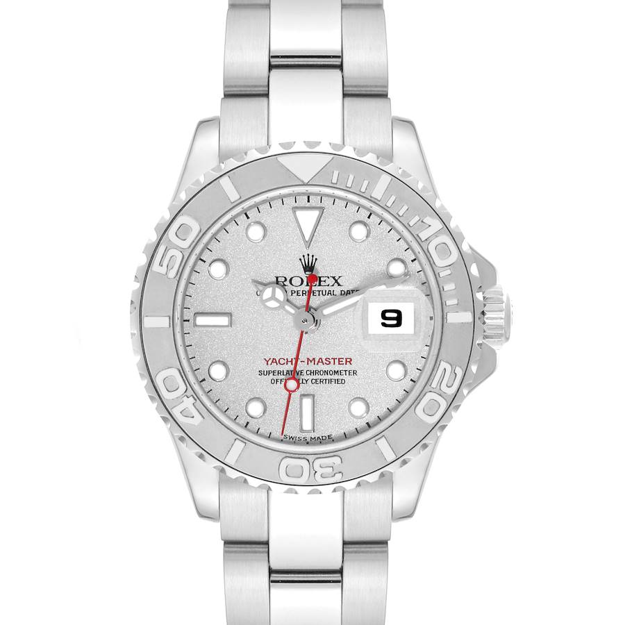 The image shows a front view of the Rolex Yacht-Master watch, focusing on the face, bezel, and bracelet.