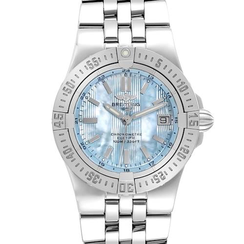 The image shows a front view of the Breitling Starliner Blue Mother of Pearl Dial Steel Ladies Watch A71340, displaying the dial, bezel, and bracelet.