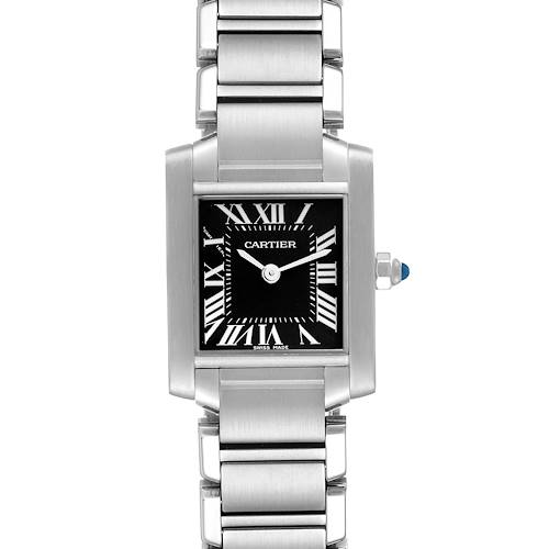 This image shows a front view of a Cartier Tank Francaise watch, highlighting the rectangular case, black dial, and stainless steel bracelet.