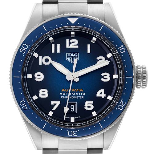 The image shows the face and bezel of a Tag Heuer Autavia watch in a front-facing angle.
