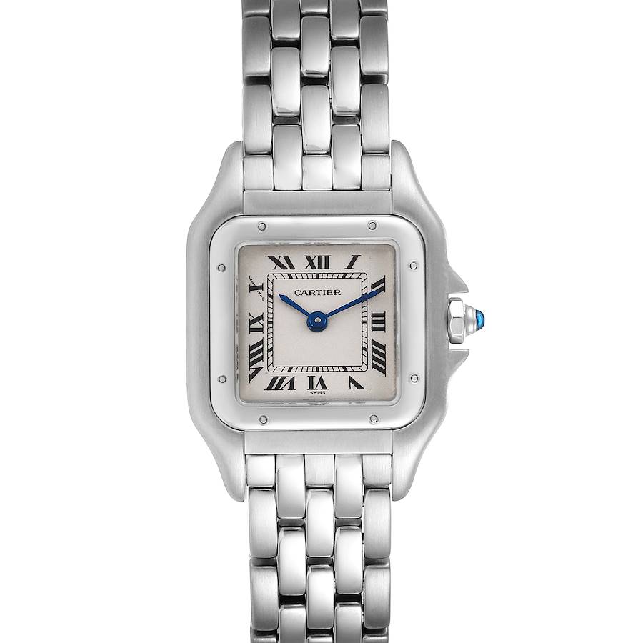 The image shows a straight-on view of the Cartier Panthere model watch, highlighting the face, bezel, and metal bracelet.