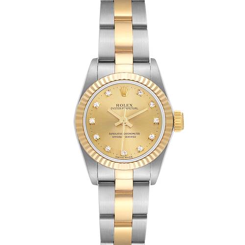 The Rolex Oyster Perpetual watch is shown from the front, displaying its gold and silver bracelet and fluted bezel.