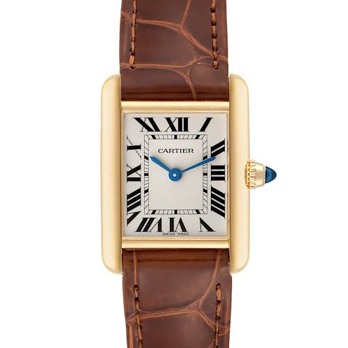 The image shows a front view of the Cartier Tank Louis watch, highlighting the dial, Roman numerals, and brown leather strap.