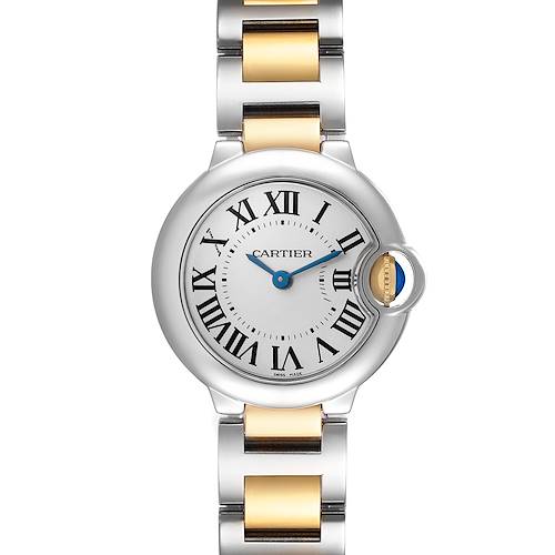 The image shows a top view of the Cartier Ballon Bleu watch, highlighting its face, Roman numerals, and metal bracelet.