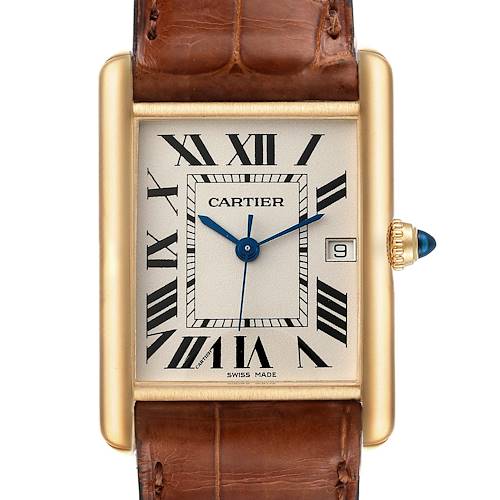This image shows a frontal view of the Cartier Tank Louis watch, highlighting its face, Roman numerals, hands, and date window.