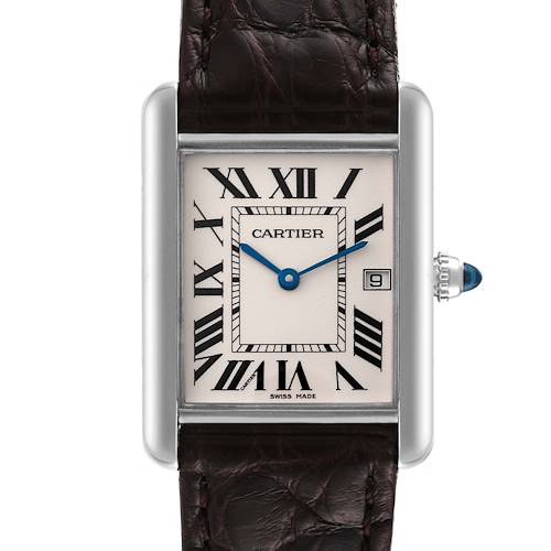 The image shows a front view of the Cartier Tank Louis watch, displaying its dial, leather strap, and crown with blue cabochon.