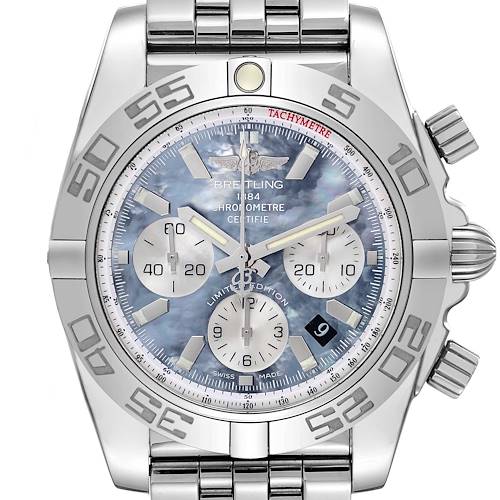 The Breitling Chronomat watch is shown from a front angle, displaying the dial, bezel, and chronograph subdials.