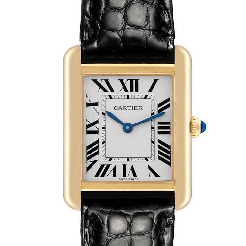 The Cartier Tank Solo watch is shown from the front, highlighting its rectangular face, gold case, and black leather strap.