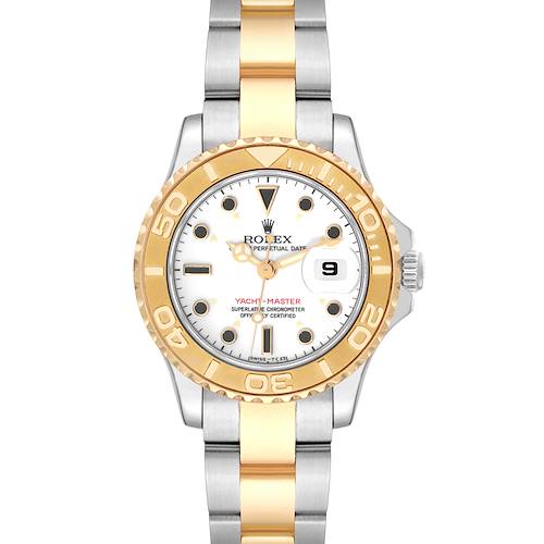 The image shows a front view of a Rolex Yacht-Master watch, highlighting its bezel, dial, hands, and bracelet.