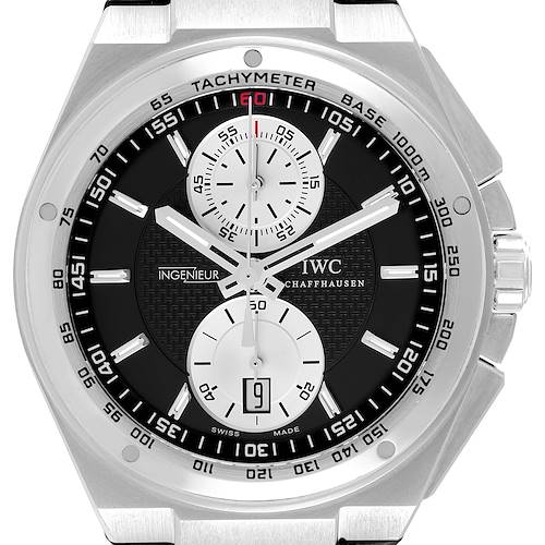 The image shows a front view of the IWC Ingenieur watch, highlighting its dial, tachymeter, and chronograph sub-dials.