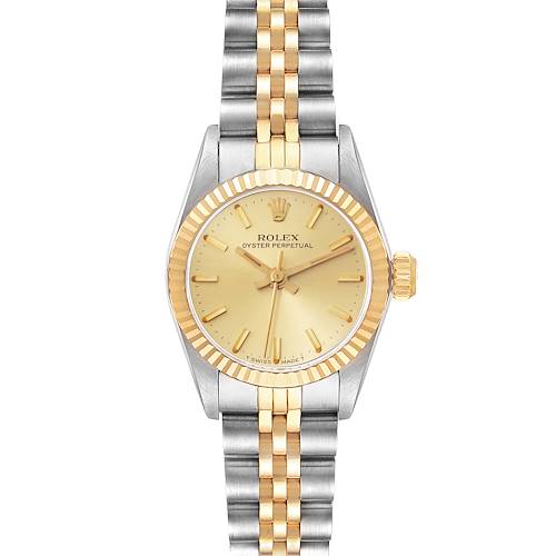 This image shows a front view of a Rolex Oyster Perpetual watch featuring a gold and stainless steel bracelet and a gold dial.