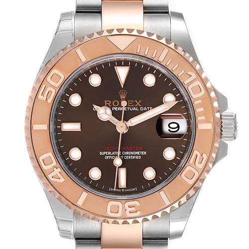 The image shows a front view of the Rolex Yacht-Master watch, featuring its dial, bezel, and part of the strap.