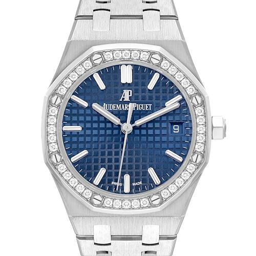 This image shows a frontal view of a Royal Oak watch by Audemars Piguet, highlighting the blue dial, diamond-set bezel, and metal bracelet.