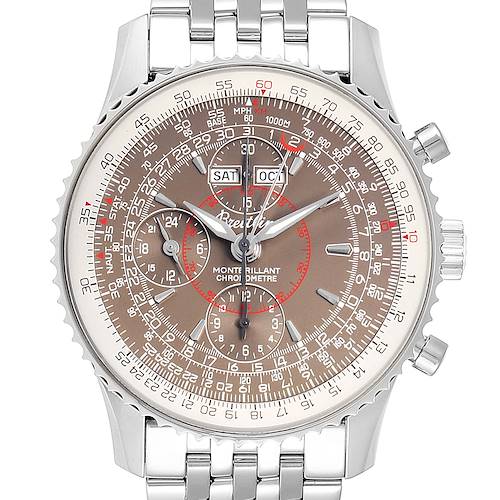 The image shows a front view of a Breitling Navitimer watch, displaying its dial, chronograph subdials, date windows, case, and bracelet.