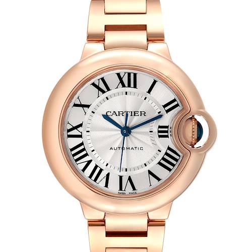 The image shows a close-up, frontal view of the Cartier Ballon Bleu watch, highlighting the dial, crown, and part of the bracelet.
