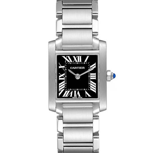 The image shows a front view of a Cartier Tank Francaise watch, displaying its stainless steel bracelet and black Roman numeral dial.