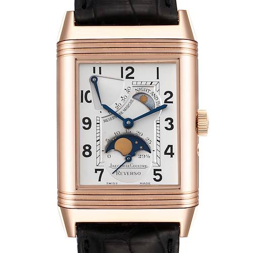 The image shows a front view of a Jaeger-LeCoultre Reverso watch, highlighting its dial, hands, and case.