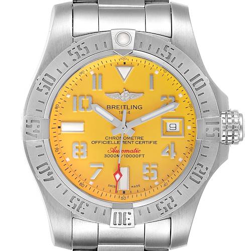 This image shows a front view of a Breitling Avenger watch, displaying its yellow dial and stainless steel bracelet.