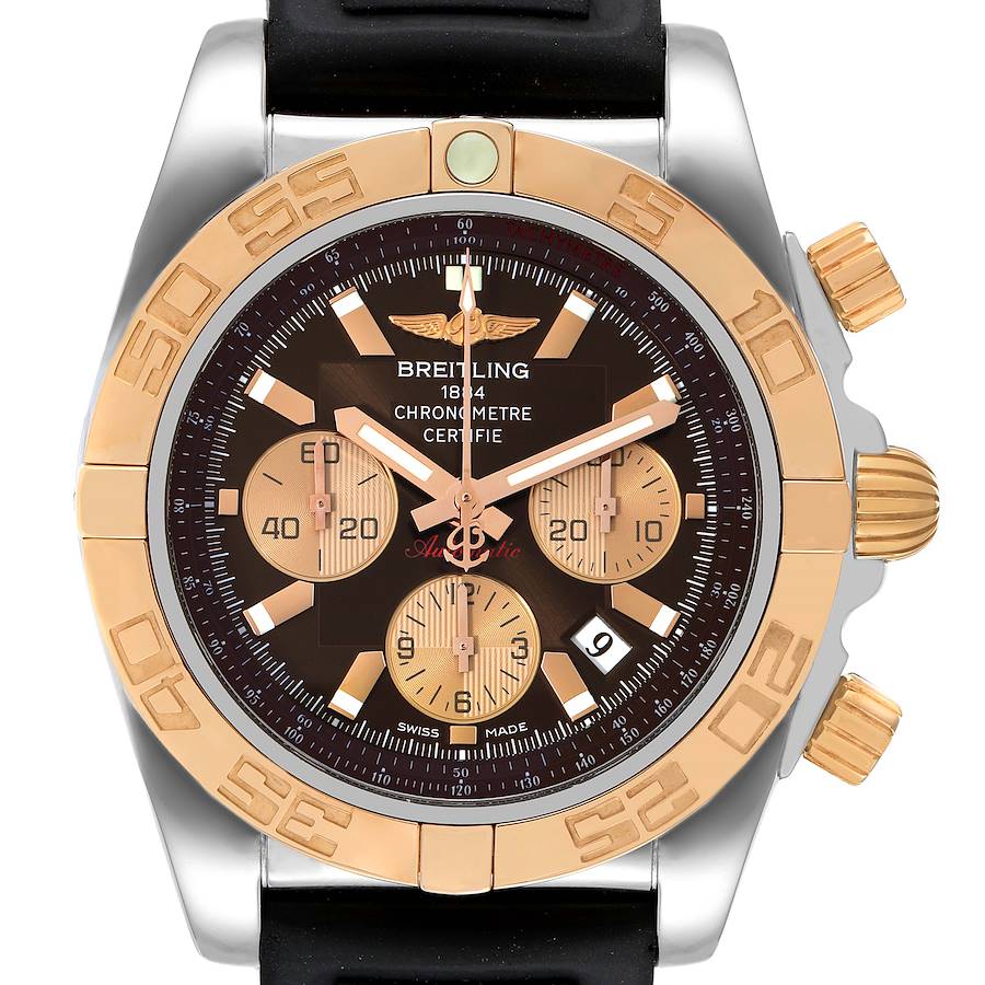 The image shows a frontal view of a Breitling Chronomat watch, showcasing its dial, bezel, crown, and subdials.