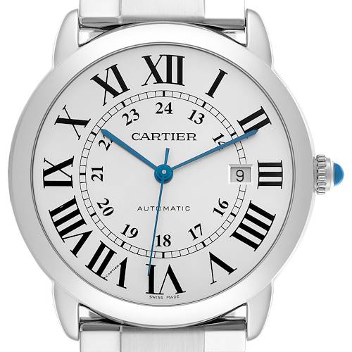 The Cartier Ronde watch is shown from a front view, highlighting its dial with Roman numerals, date window, and blue hands.